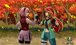 Size: 1763x1050 | Tagged: dead source, safe, artist:penspark, sunset shimmer, human, g4, alternate hairstyle, anime, belly button, clothes, crossover, female, forest, haruno sakura, humanized, kunoichi, looking at each other, naruto, ninja, smiling, tree