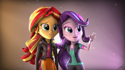 Size: 9600x5400 | Tagged: safe, artist:imafutureguitarhero, starlight glimmer, sunset shimmer, equestria girls, g4, 3d, absurd file size, absurd resolution, beanie, clothes, duo, hand on shoulder, hat, jacket, leather jacket, lip bite, meme, open mouth, pointing, raised eyebrow, skirt, smiling, source filmmaker, toy story, wallpaper, windswept mane, x x everywhere