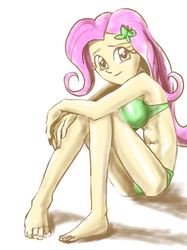 Size: 685x915 | Tagged: safe, artist:xjleiu, fluttershy, equestria girls, g4, abs, barefoot, bikini, breasts, busty fluttershy, clothes, feet, female, sitting, smiling, solo, swimsuit