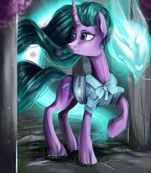 Size: 942x1080 | Tagged: safe, artist:aelwyng, mistmane, pony, unicorn, campfire tales, g4, clothes, curved horn, dragon spirit, ethereal mane, female, horn, magic, mare, solo