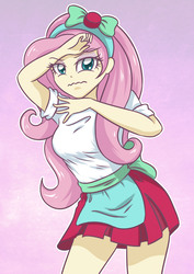 Size: 2480x3507 | Tagged: safe, artist:sumin6301, fluttershy, equestria girls, g4, my little pony equestria girls: summertime shorts, pet project, bow, clothes, female, gradient background, high res, looking at you, pleated skirt, shirt, skirt, solo