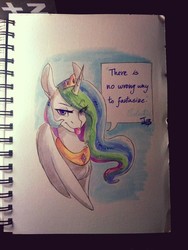 Size: 3120x4160 | Tagged: safe, artist:brownie97, princess celestia, alicorn, pony, g4, female, looking at you, mare, marker drawing, raspberry, solo, there is no wrong way to fantasize, tongue out, traditional art