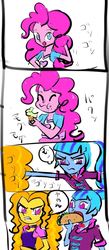 Size: 417x956 | Tagged: safe, artist:xjleiu, adagio dazzle, pinkie pie, sonata dusk, equestria girls, g4, 4koma, annoyed, comic, female, food, hammerspace hair, muffin, pinkie's magic hair, sonataco, taco, that girl sure loves tacos, that siren sure does love tacos, translated in the comments
