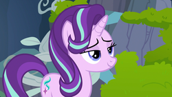 Size: 1920x1080 | Tagged: safe, screencap, starlight glimmer, pony, unicorn, g4, season 7, to change a changeling, bedroom eyes, changeling hive, female, happy, lidded eyes, mare, moss, smiling, smug, solo, vine