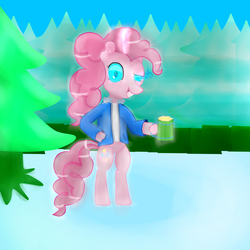 Size: 2000x2000 | Tagged: safe, artist:tranvybang123456789, pinkie pie, earth pony, pony, g4, apple cider, bipedal, clothes, high res, hoof hold, hooves on hips, looking at you, mug, sans (undertale), smiling, sweater, tree, undertale