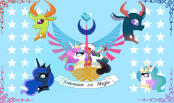 Size: 2010x1200 | Tagged: safe, artist:owocrystalcatowo, pharynx, princess celestia, princess flurry heart, princess luna, thorax, oc, oc:crystal heart, changedling, changeling, pony, g4, to change a changeling, back to back, flag of equestria, king thorax, older, prince pharynx, shipping, siblings
