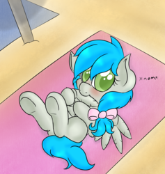Size: 1584x1674 | Tagged: safe, artist:laptopbrony, oc, oc only, oc:darcy sinclair, pony, beach, biting, cute, looking at you, nom, on back, solo, wing bite, wing noms