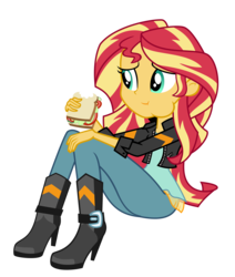 Size: 2651x3121 | Tagged: safe, artist:keronianniroro, sunset shimmer, equestria girls, g4, clothes, eating, female, food, high res, jacket, leather jacket, pants, sandwich, simple background, sitting, solo, transparent background, vector