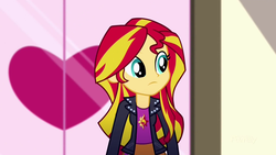 Size: 1280x720 | Tagged: safe, screencap, sunset shimmer, eqg summertime shorts, equestria girls, g4, pet project, :|, clothes, cutie mark on clothes, female, jacket, leather, leather jacket, looking around, shirt, skirt, solo