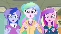 Size: 1100x618 | Tagged: safe, screencap, dean cadance, princess cadance, princess celestia, princess luna, principal celestia, vice principal luna, equestria girls, g4, my little pony equestria girls: friendship games, :o, open mouth, surprised, trio