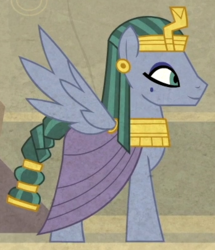 Size: 348x405 | Tagged: safe, screencap, hedju-hor, pegasus, pony, daring done?, g4, braided tail, cropped, egyptian, egyptian headdress, egyptian pony, hieroglyphics, male, pharaoh, solo, stallion