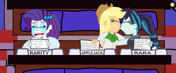 Size: 4032x1688 | Tagged: safe, artist:ktd1993, applejack, coloratura, rarity, equestria girls, g4, crying, female, kissing, lesbian, love triangle, match game (game show), rara, ship:rarajack, ship:rarijack, shipping