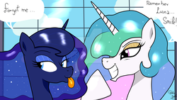 Size: 1024x576 | Tagged: safe, artist:susanzx2000, princess celestia, princess luna, alicorn, pony, g4, female, mare, royal sisters, smiling, tongue out, watermark