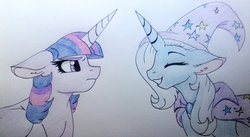 Size: 1023x561 | Tagged: safe, artist:evergreen-gemdust, trixie, twilight sparkle, alicorn, pony, g4, cape, clothes, eyes closed, hat, smiling, traditional art, trixie's cape, trixie's hat, twilight sparkle (alicorn)