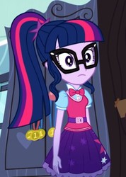 Size: 320x450 | Tagged: safe, screencap, sci-twi, twilight sparkle, equestria girls, g4, my little pony equestria girls: summertime shorts, bowtie, clothes, cropped, female, glasses, ponytail, skirt, solo