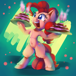 Size: 2000x2000 | Tagged: safe, artist:discorded, pinkie pie, earth pony, pony, semi-anthro, g4, armpits, belly button, bipedal, cake, cute, dessert, diapinkes, female, food, high res, mare, open mouth, solo, tray