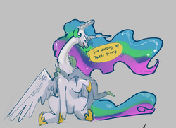 Size: 1852x1344 | Tagged: safe, artist:alumx, princess celestia, oc, oc:anon, human, g4, chest fluff, dialogue, hug, long neck, sitting