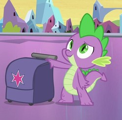 Size: 366x360 | Tagged: safe, screencap, spike, dragon, equestria girls, g4, my little pony equestria girls, bag, cropped, crystal empire, smiling