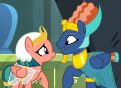 Size: 1450x1050 | Tagged: safe, screencap, prince hisan, somnambula, pegasus, pony, daring done?, g4, clothes, cropped, cute, duo, fake beard, female, looking at each other, male, mare, raised hoof, shipping fuel, smiling, stallion, straight