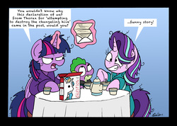 Size: 2451x1742 | Tagged: safe, artist:bobthedalek, spike, starlight glimmer, twilight sparkle, alicorn, dragon, pony, unicorn, g4, to change a changeling, bathrobe, bed mane, breakfast, cereal, clothes, dialogue, food, gradient background, grin, letter, levitation, looking at each other, looking up, magic, nervous, nervous smile, robe, smiling, sweat, sweatdrop, table, telekinesis, twilight sparkle (alicorn), unamused