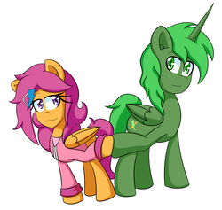 Size: 1833x1740 | Tagged: safe, artist:jake heritagu, artist:samrosemodblog, oc, oc only, oc:green thunder, alicorn, pegasus, pony, alicorn oc, anime face, commission, female, hoofbump, male, mare, motherly scootaloo, never doubt blaa6 involvement, smiling, stallion