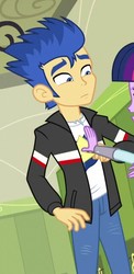 Size: 317x650 | Tagged: safe, flash sentry, sci-twi, twilight sparkle, equestria girls, g4, my little pony equestria girls: friendship games, clothes, cropped, female, hand on chest, jacket, offscreen character, pants, solo focus