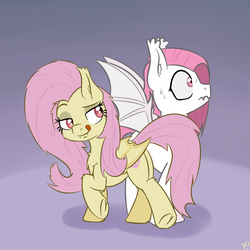 Size: 2000x2000 | Tagged: safe, artist:yakoshi, fluttershy, oc, oc:zen seeker, bat pony, pony, g4, butt, flutterbat, high res, licking, licking lips, plot, race swap, seduction, tail seduce, tongue out