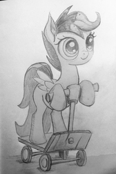 Size: 1382x2060 | Tagged: safe, artist:ponsce, scootaloo, pony, g4, female, monochrome, scooter, solo, traditional art