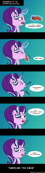 Size: 640x2444 | Tagged: safe, artist:feralroku, starlight glimmer, trixie, insect, pony, unicorn, g4, to change a changeling, comic, eating, eyes closed, glowing, glowing horn, gradient background, grub, horn, magic, offscreen character, ponies eating bugs, ponies eating meat, reference, telekinesis, the lion king