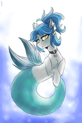 Size: 2800x4200 | Tagged: safe, artist:serodart, oc, oc only, merpony, pony, bubble, chest fluff, collar, female, fish tail, fluffy, looking at you, mare, ocean, smiling, smiling at you, solo, swimming, tail, underwater, unshorn fetlocks, water