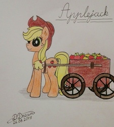Size: 2101x2336 | Tagged: safe, artist:daylight-dream, applejack, earth pony, pony, g4, apple, cart, female, food, high res, solo, traditional art