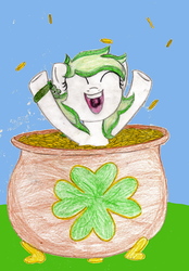Size: 2265x3252 | Tagged: safe, artist:beetrue, oc, oc only, oc:irish rose, earth pony, pony, female, happy, high res, mare, pot of gold, solo, traditional art