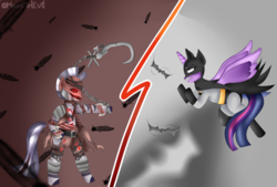 Size: 1870x1264 | Tagged: safe, artist:moongirlevil, twilight sparkle, zecora, alicorn, pony, zebra, g4, barbed wire, batman, belt, bone, chains, clothes, coat, crossover, dc comics, duo, feather, female, fight, hook, injustice, injustice 2, injustice gods among us, mare, mask, necktie, rope, scarecrow, shorts, tape, tattered, the scarecrow, the scarecrow (dc), twilight sparkle (alicorn)