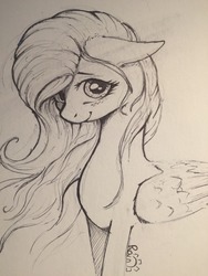 Size: 960x1280 | Tagged: safe, artist:rain-gear, fluttershy, pony, g4, bust, female, floppy ears, ink, looking at you, monochrome, portrait, smiling, solo, traditional art, windswept mane, wings