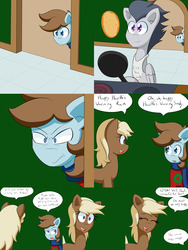 Size: 2400x3200 | Tagged: safe, artist:jake heritagu, chip mint, rain catcher, rumble, oc, oc:sandy hooves, pony, comic:ask motherly scootaloo, g4, apron, christmas sweater, clothes, comic, food, frying pan, high res, kiss the cook, pancakes, scarf, stove, sweater