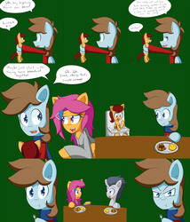 Size: 2400x2800 | Tagged: safe, artist:jake heritagu, chip mint, rain catcher, rumble, scootaloo, oc, oc:lightning blitz, pegasus, pony, comic:ask motherly scootaloo, g4, baby, baby pony, christmas sweater, clothes, colt, comic, dialogue, eating, father and son, food, fork, green background, hairpin, high res, holding a pony, jealous, male, motherly scootaloo, offspring, older, older rumble, older scootaloo, pancakes, parent:rain catcher, parent:scootaloo, parents:catcherloo, scarf, ship:rumbloo, shipping, simple background, speech bubble, straight, sweater, sweatshirt