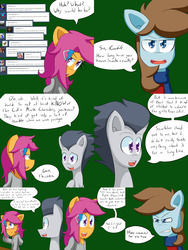 Size: 2400x3200 | Tagged: safe, artist:jake heritagu, chip mint, rain catcher, rumble, scootaloo, pony, comic:ask motherly scootaloo, g4, ask, blushing, christmas sweater, clothes, comic, hairpin, high res, jealous, motherly scootaloo, scarf, sweater, sweatshirt