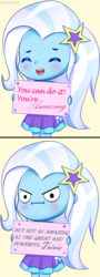 Size: 337x936 | Tagged: dead source, safe, artist:electricshine, trixie, equestria girls, g4, 2 panel comic, :d, :i, blushing, chibi, clothes, comic, cute, diatrixes, eyes closed, female, glare, looking at you, open mouth, sign, simple background, smiling, solo, tsundere, yellow background