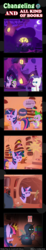 Size: 600x3263 | Tagged: safe, artist:vavacung, rarity, spike, twilight sparkle, changeling, dragon, pony, comic:changeling and all kind of books, g4, baseball bat, blindfold, blushing, book, bookshelf, cloak, clothes, comic, descriptive noise, embarrassed, golden oaks library, horse noises, leash, pictogram, pointy ponies, porn stash, surprised, sweat, sweatdrop