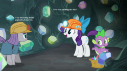 Size: 1280x720 | Tagged: safe, edit, edited screencap, editor:korora, screencap, maud pie, rarity, spike, dragon, g4, rock solid friendship, cave, gem, gem cave, rock, text, that pony sure does love rocks