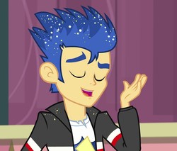 Size: 846x720 | Tagged: safe, screencap, flash sentry, a banner day, equestria girls, g4, my little pony equestria girls: friendship games, eyes closed, glitter, male, smiling, solo