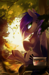 Size: 850x1300 | Tagged: safe, artist:tangomangoes, oc, oc only, oc:evening howler, pegasus, pony, chick-fil-a, female, gift art, leonine tail, mare, sitting, smiling, solo, tree