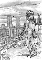 Size: 1150x1630 | Tagged: safe, artist:mach-volt, oc, oc only, oc:urban wave, anthro, unguligrade anthro, anthro oc, grayscale, gun, mask, monochrome, post-apocalyptic, sketch, solo, traditional art, wasteland, weapon