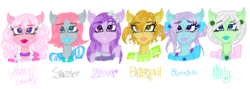Size: 1024x363 | Tagged: safe, artist:crystal-sushi, blossom, blue belle, butterscotch (g1), cotton candy (g1), minty (g1), snuzzle, anthro, g1, crossover, monster high, original six, simple background, transparent background