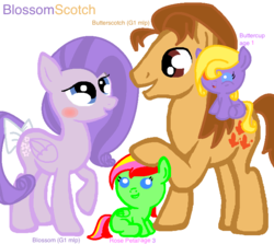 Size: 729x650 | Tagged: safe, artist:pokemon-mlp46, blossom, butterscotch (g1), oc, oc:buttercup, oc:rose petal, pegasus, pony, g1, g4, baby, baby pony, blossomscotch, bow, female, g1 to g4, generation leap, half r63 shipping, male, offspring, parent:blossom, parent:butterscotch (g1), race swap, rule 63, shipping, straight, tail bow