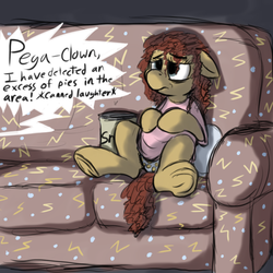 Size: 600x600 | Tagged: safe, artist:thebathwaterhero, oc, oc only, oc:cellophane, oc:pegaclown, pony, clothes, offscreen character, panties, shirt, underwear, watching tv