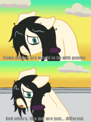 Size: 432x576 | Tagged: safe, artist:scraggleman, oc, oc only, oc:floor bored, earth pony, pony, 4chan, cloud, dialogue, female, hey arnold, mare, open mouth, parody, pigeon man, ponytail, sad, scene parody, solo