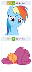 Size: 363x798 | Tagged: safe, rainbow dash, scootaloo, pegasus, pony, derpibooru, campfire tales, g4, cute, cutealoo, dashabetes, female, filly, juxtaposition, juxtaposition win, looking down, mare, meme, meta, scared, scootalove, smiling
