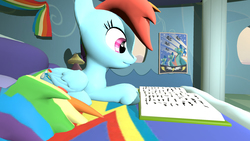 Size: 1920x1080 | Tagged: safe, artist:maksimusdel, rainbow dash, pegasus, pony, g4, 3d, book, female, mare, multicolored tail, reading, sitting, solo, source filmmaker, wonderbolts poster