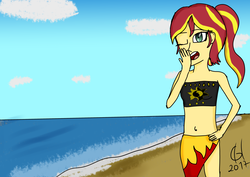 Size: 3508x2480 | Tagged: safe, artist:goldhajik, sunset shimmer, equestria girls, g4, beach, belly button, clothes, equestria girls minis, female, high res, sarong, solo, summer sunset, swimsuit